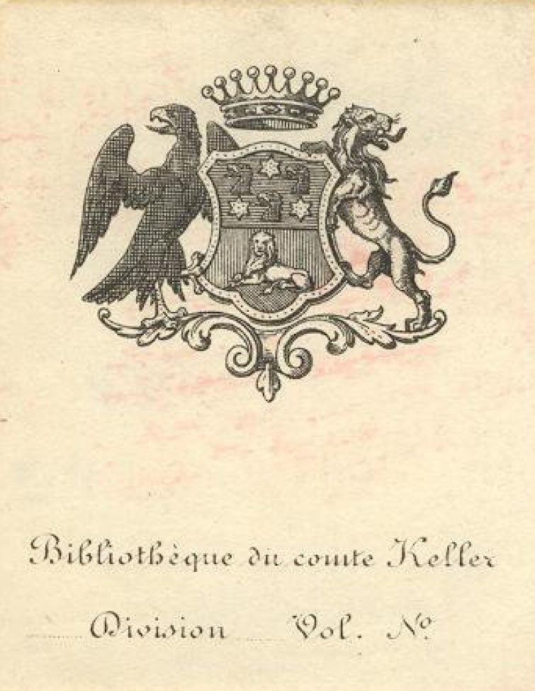 Дана геральдическая композиция. В нижней части листа в две строки: Bibliotheque du comte Keller.  Division... Vol. №...