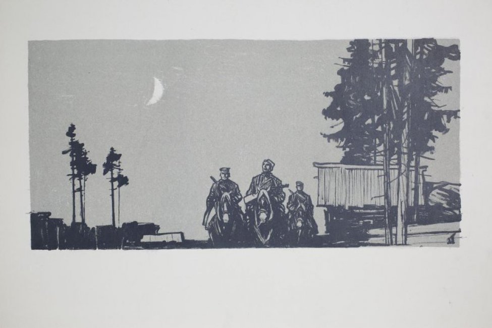 На фоне ночного деревенского пейзажа изображение трех мужчин на лошадях.