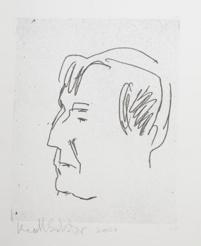 На крапчатом фоне дано профильное изображение головы пожилого мужчины с маленькими глазами, горбатым носом, слегка отвисшим подбородком, светлыми волосами с большой залысиной, с челкой на лбу.