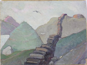 Изображен гористый пейзаж с уступамм стены, представляющей лестницу, которая идет от подножия до вершины хребта. В небе на фоне гор две летящие птицы.