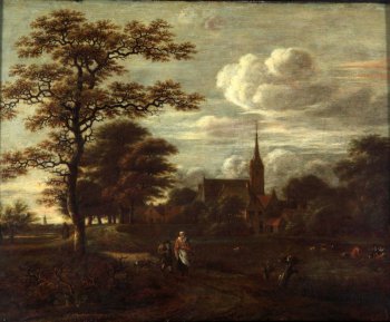 Изображает голландскую деревню на фоне облачного неба; слева дорога, часть которой вьется среди деревьев. По дороге, к зрителю, идет женщина с мальчиком.