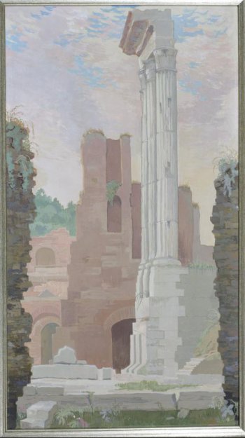 Изображены развалины храма (светлые колонны, розоые стены, поросшие зеленью).