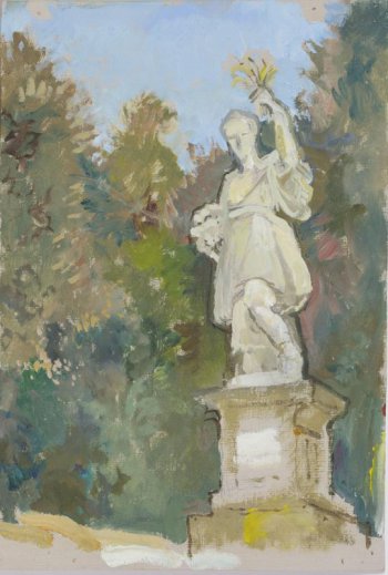На фоне зелени изображена на постаменте светлая статуя.
