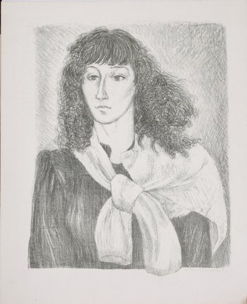 Поясное изображение молодой женщины с темными кудрями в темном платье с накинутой на плечи светлой кофтой, рукава которой стянуты узлом на груди.