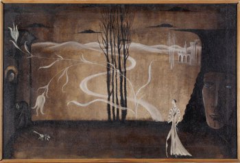 На первом плане изображение условного пейзажа, светлая фигура в танце; справа почти в вертикаль холста изображение головы в уборе Возрождения; слева фигура сидящей женщины с нимбом. Светлые стилизованные лилии пересекают темные стволы деревьев.