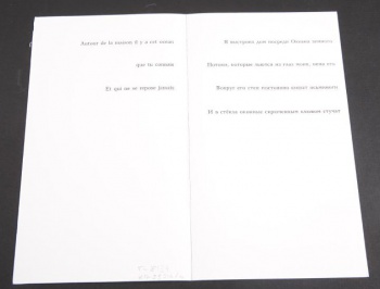 В развернутом виде на листе справа - текст на русском языке, слева - на французском; с оборотной стороны слева - текст на французском языке,  справа - на русском языке.