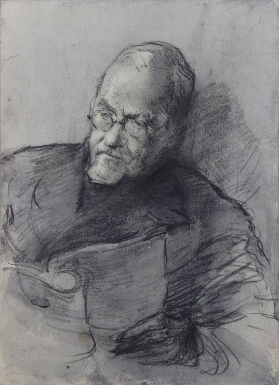 Поясное изображение в 1\4 правом повороте пожилого мужчины в очках, с короткой седой бородой, читающего журнал.