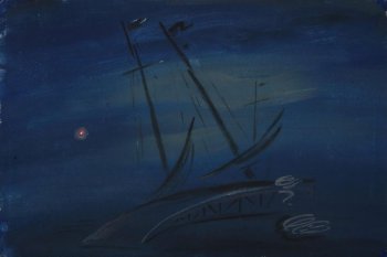 Дана театральная декорация, изображающая ночной морской пейзаж; в центре композиции  - мачты со спущенными парусами лодок, стоящих у причала.