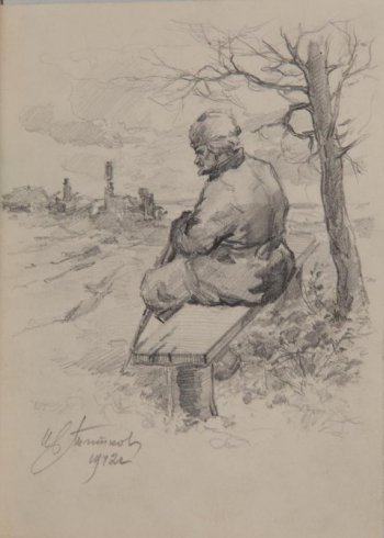 На переднем плане на скамье, стоящей около дерева, сидит пожилой мужчина в меховой шапке, в пальто. Вдали виднеются избы.