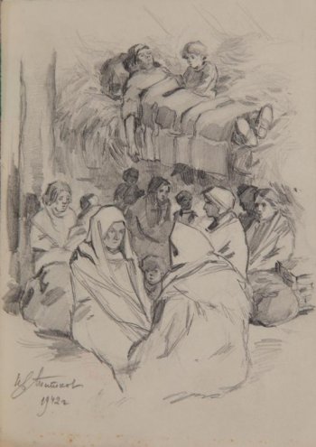 Изображена группа сидящих женщин и детей. На втором плане на нарах лежит женщина, рядом с ней  мальчик.