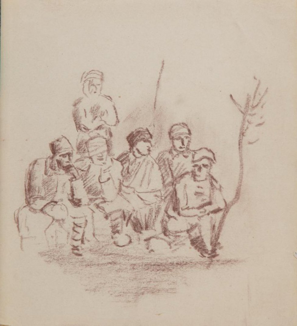 Изображена группа из шести солдат; пятеро сидят, один стоит. У трех солдат перевязаны головы. Справа изображено тонкое невысокое деревце без листвы.