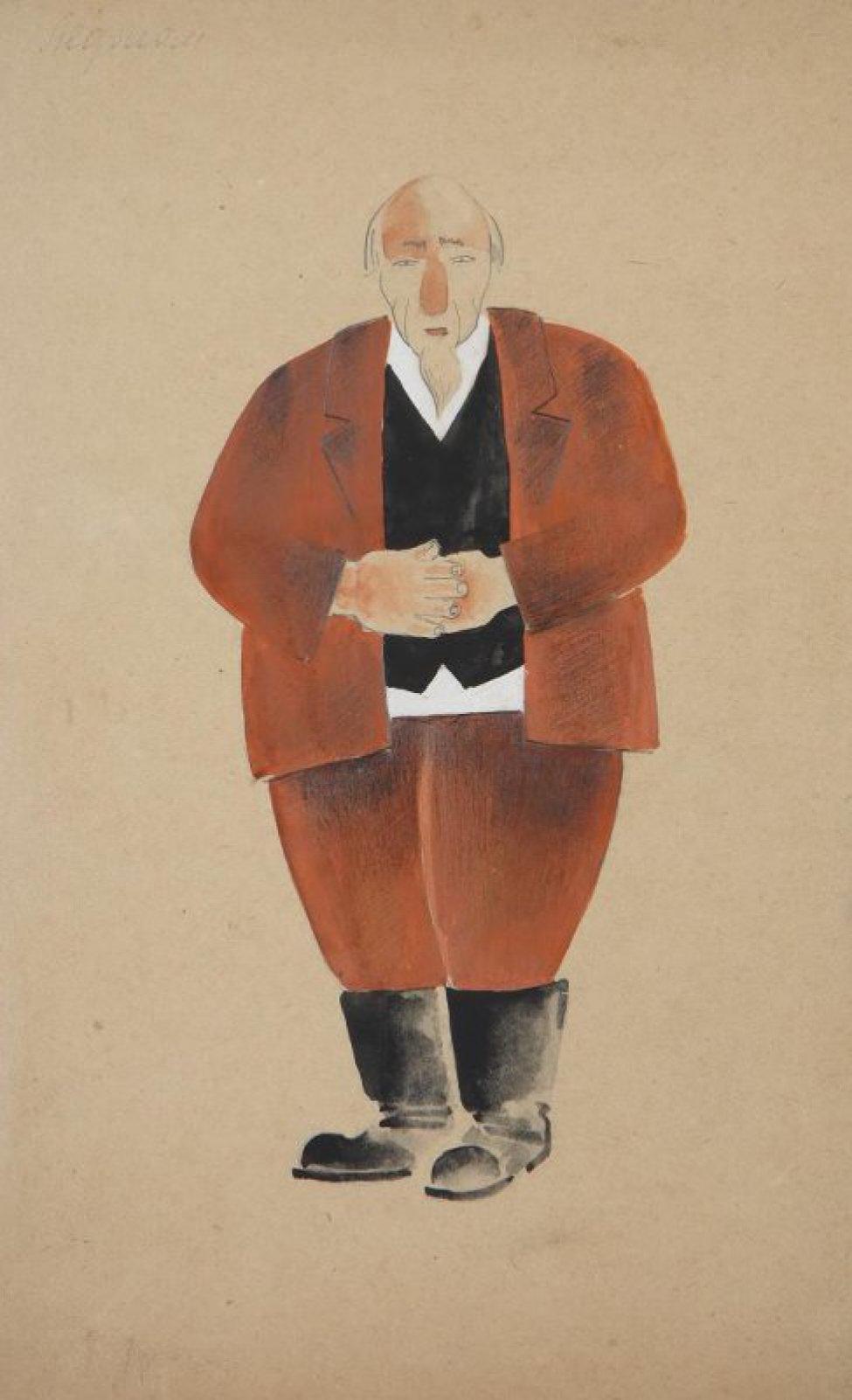Изображен в рост, анфас лысый седобородый мужчина в коричневом костюме с белой рубашкой и черным жилетом, в сапогах, стоящий сложив руки на животе.