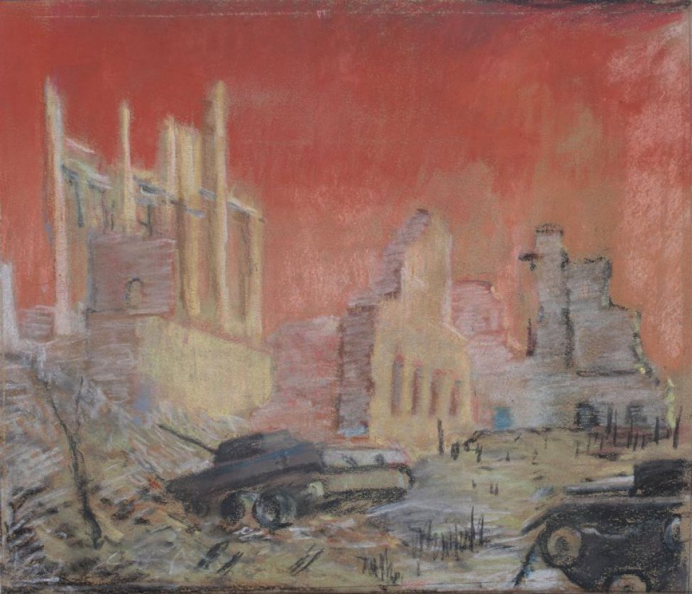 На фоне багрово-красного неба развалины многоэтажных зданий. На первом плане в центре и справа - танки.