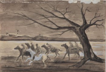 На фоне ночного пейзажа с рекой изображены мчащиеся на лошадях всадники; справа - толстый ствол дерева. Вдали - на берегу деревянные постройки.