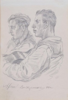 Поясное изображение в профиль, в правом повороте, двух молодых мужчин в матросках; у одного в руках гитара.