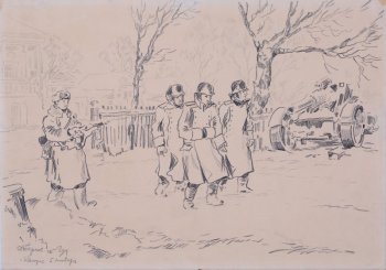 Изображен красноармеец в зимней одежде с ружьем на изготовку, конвоирующий трех мужчин. Справа - подбитое орудие. Сзади - забор и деревья.