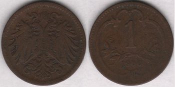 Аверс: В центре -- малый герб Австрийской империи: двуглавый коронованный орел держащий в правой лапе меч и скипетр, в левой державу с крестом, на груди щиток в виде барочного с заострением внизу гера- льдического щита, щиток рассечён на 3 части (вертикальные полосы) с гербами: в правой части герб Габсбургов-- на фоне из точек (золото в геральдике) геральдический лев (плохо различим) на задних ла- пах вправо, в центре герб Австрии -- на фоне из прямых параллельных вертикальных линий (красный цвет в геральдике) широкая, гладкая (серебро в геральдике) вертикальная полоса (пояс), в левой части герб Лотарингского дома -- на фоне из точек (золото в геральдике) диагональная (влево) перевязь с 3 орлами; вокруг щитка цепь ордена Золотого руна из ажурных продолговатых звеньев, знак ордена в виде овечьей шкуры (руна) расположен под щитком на хвосте орла; над головами орла корона Габсбургов, со- стоящая из обруча с зубцами (различимы 3 зубца в виде листьев трилистников), из митры, состоящей из двух полушарий и одной дужки между ними, увенчанной державой с крестом, внизу к короне прикрепле- ны 2 извилистые узкие ленты (частично скрыты головами орла); крылья состоят из больших продолгова- 
 тых перьев; хвост-- сильно стилизованные перья расположены в 4 ряда. Вокруг композиции аверса рам- ка из мелких точек (примыкает к буртику). По краю монеты линейный буртик.
Реверс: В центре -- цифра 1 (обозначение номинала). Под цифрой лавровая ветвь с двумя отростками, обрамля- ющих нижнюю часть цифры. Под лавровой ветвью дата: 1900. Вокруг всей композиции круглая рамка (с выступом вверху) из элементов растительного барочного орнамента. Вокруг композиции реверса рамка из мелких точек (примыкает к буртику). По краю монеты линейный буртик.
Гурт: гладкий