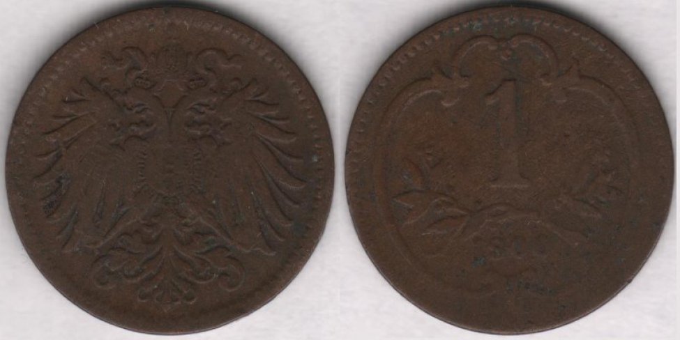 Аверс: В центре -- малый герб Австрийской империи: двуглавый коронованный орел держащий в правой лапе меч и скипетр, в левой державу с крестом, на груди щиток в виде барочного с заострением внизу гера- льдического щита, щиток рассечён на 3 части (вертикальные полосы) с гербами: в правой части герб Габсбургов-- на фоне из точек (золото в геральдике) геральдический лев (плохо различим) на задних ла- пах вправо, в центре герб Австрии -- на фоне из прямых параллельных вертикальных линий (красный цвет в геральдике) широкая, гладкая (серебро в геральдике) вертикальная полоса (пояс), в левой части герб Лотарингского дома -- на фоне из точек (золото в геральдике) диагональная (влево) перевязь с 3 орлами; вокруг щитка цепь ордена Золотого руна из ажурных продолговатых звеньев, знак ордена в виде овечьей шкуры (руна) расположен под щитком на хвосте орла; над головами орла корона Габсбургов, со- стоящая из обруча с зубцами (различимы 3 зубца в виде листьев трилистников), из митры, состоящей из двух полушарий и одной дужки между ними, увенчанной державой с крестом, внизу к короне прикрепле- ны 2 извилистые узкие ленты (частично скрыты головами орла); крылья состоят из больших продолгова- 
 тых перьев; хвост-- сильно стилизованные перья расположены в 4 ряда. Вокруг композиции аверса рам- ка из мелких точек (примыкает к буртику). По краю монеты линейный буртик.
Реверс: В центре -- цифра 1 (обозначение номинала). Под цифрой лавровая ветвь с двумя отростками, обрамля- ющих нижнюю часть цифры. Под лавровой ветвью дата: 1900. Вокруг всей композиции круглая рамка (с выступом вверху) из элементов растительного барочного орнамента. Вокруг композиции реверса рамка из мелких точек (примыкает к буртику). По краю монеты линейный буртик.
Гурт: гладкий