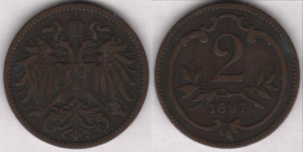 Аверс: В центре -- малый герб Австрийской империи: двуглавый коронованный орел держащий в правой лапе меч и скипетр, в левой державу с крестом, на груди щиток в виде барочного с заострением внизу гера- льдического щита, щиток рассечён на 3 части (вертикальные полосы) с гербами: в правой части герб Габсбургов-- на фоне из точек (золото в геральдике) геральдический лев на задних лапах вправо, в цент- ре герб Австрии -- на фоне из прямых параллельных вертикальных линий (красный цвет в геральдике) широкая, гладкая (серебро в геральдике) вертикальная полоса (пояс), в левой части герб Лотарингского дома -- на фоне из точек (золото в геральдике) диагональная (влево) перевязь с штриховкой в виде пря- мых параллельных вертикальных линий (красный цвет в геральдике) с 3 орлами; вокруг щитка цепь ор- дена Золотого руна из ажурных продолговатых звеньев, знак ордена в виде овечьей  шкуры (руна) рас- положен под щитком на хвосте орла; над головами орла корона Габсбургов, состоящая из украшенного мелкими точками обруча с 5 видимыми зубцами (3 в виде листьев (трилистников), 2 -- с жемчужинами), из митры, состоящей из двух полушарий и одной дужки между ними, увенчанной державой с крестом, внизу к короне прикреплены 2 извилистые узкие ленты (частично скрыты головами орла); крылья состо- ят из больших продолговатых перьев; хвост -- сильно стилизованные перья расположены в 4 ряда. Во- круг композиции аверса рамка из мелких точек (примыкает к буртику). По краю монеты линейный буртик.
Реверс: В центре -- цифра 2 (обозначение номинала). Под цифрой лавровая ветвь с двумя отростками, обрамля- ющих нижнюю часть цифры. Под лавровой ветвью дата: 1897. Вокруг всей композиции круглая рамка (с выступом вверху) из элементов растительного барочного орнамента. Вокруг композиции реверса рамка из мелких точек (примыкает к буртику). По краю монеты линейный буртик.
Гурт: гладкий
