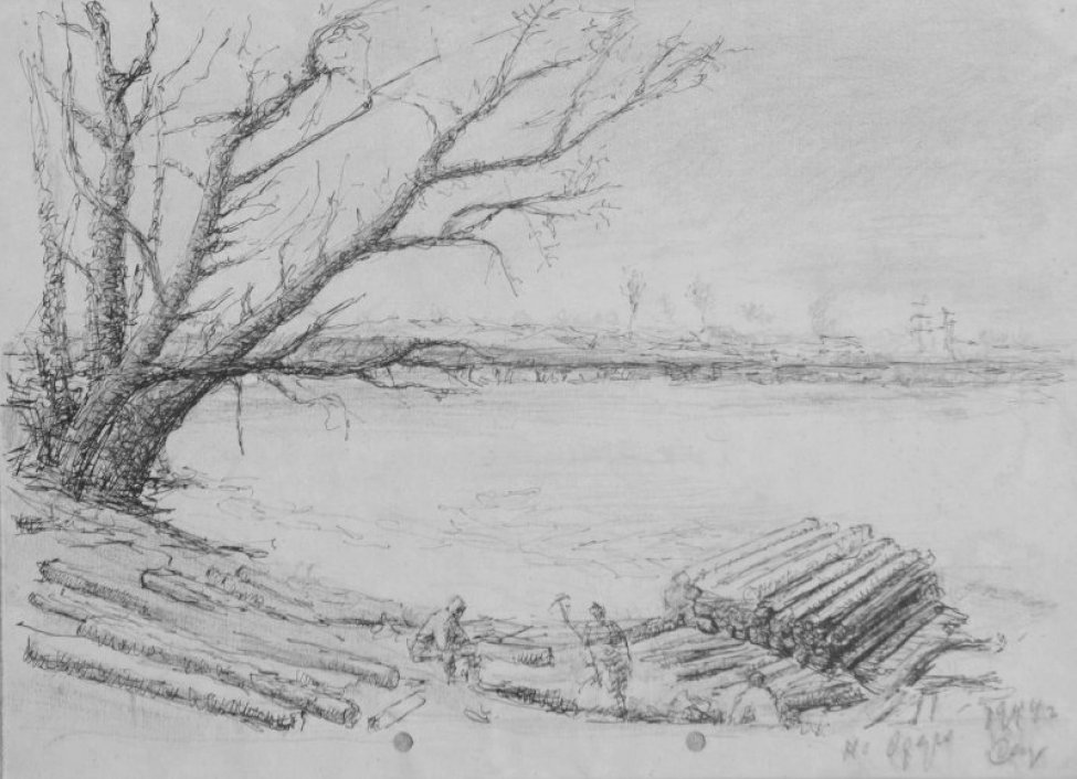 Летний речной пейзаж. Справа на первом плане изображены солдаты возводящие мост из бревен; слева - группа деревьев. Вдали - берег.