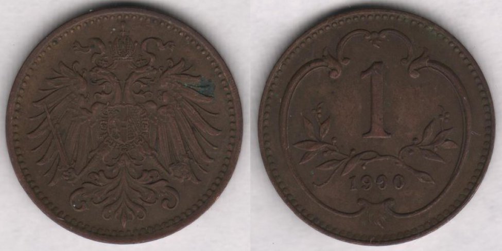 Аверс: В центре -- малый герб Австрийской империи: двуглавый коронованный орел держащий в правой лапе меч и скипетр, в левой державу с крестом, на груди щиток в виде барочного с заострением внизу гера- льдического щита, щиток рассечён на 3 части (вертикальные полосы) с гербами: в правой части герб Габсбургов-- на фоне из точек (золото в геральдике) геральдический лев на задних лапах вправо, в цент- ре герб Австрии -- на фоне из прямых параллельных вертикальных линий (красный цвет в геральдике) широкая, гладкая (серебро в геральдике) вертикальная полоса (пояс), в левой части герб Лотарингского дома -- на фоне из точек (золото в геральдике) диагональная (влево) перевязь с штриховкой в виде пря- мых параллельных вертикальных линий (красный цвет в геральдике) с 3 орлами; вокруг щитка цепь ор- дена Золотого руна из ажурных продолговатых звеньев, знак ордена в виде овечьей  шкуры (руна) рас- положен под щитком на хвосте орла; над головами орла корона Габсбургов, состоящая из украшенного мелкими точками обруча с 5 видимыми зубцами (3 в виде листьев (трилистников), 2 -- с жемчужинами), из митры, состоящей из двух полушарий и одной дужки между ними, увенчанной державой с крестом, внизу к короне прикреплены 2 извилистые узкие ленты (частично скрыты головами орла); крылья состо- ят из больших продолговатых перьев; хвост -- сильно стилизованные перья расположены в 4 ряда. Во- круг композиции аверса рамка из мелких точек (примыкает к буртику). По краю монеты линейный буртик.
Реверс: В центре -- цифра 1 (обозначение номинала). Под цифрой лавровая ветвь с двумя отростками, обрамля- ющих нижнюю часть цифры. Под лавровой ветвью дата: 1900. Вокруг всей композиции круглая рамка (с выступом вверху) из элементов растительного барочного орнамента. Вокруг композиции реверса рамка из мелких точек (примыкает к буртику). По краю монеты линейный буртик.
Гурт: гладкий