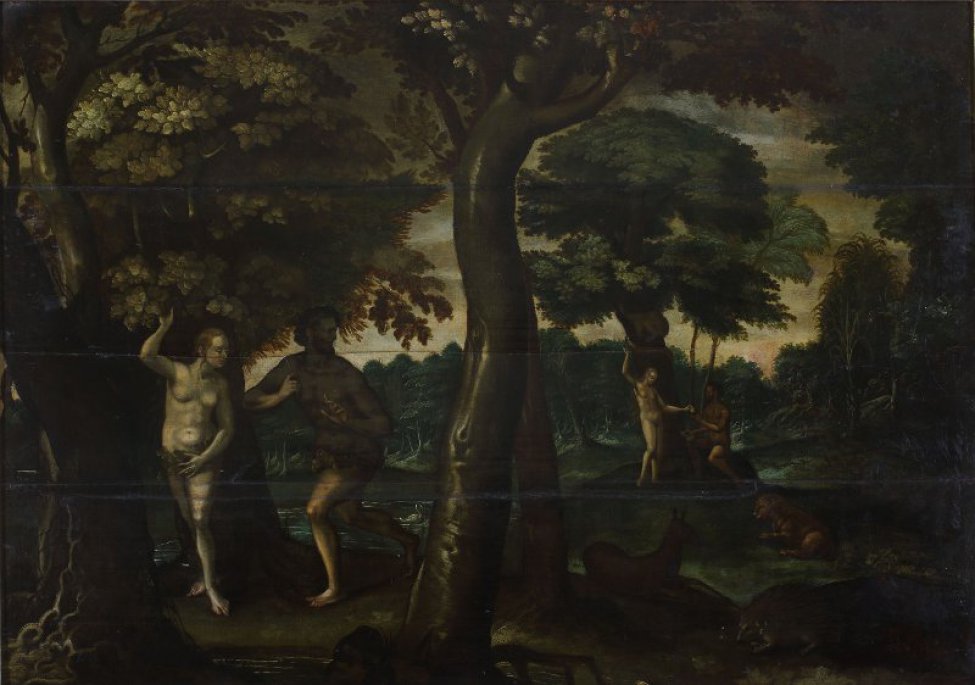 Изображен летний пейзаж с мощными стволами и пышными кронами деревьев. На втором пане озеро с плывущим лебедем. Слева и по центру даны попарно обнаженные фигуры мужчины и женщины. Справа лесные звери.