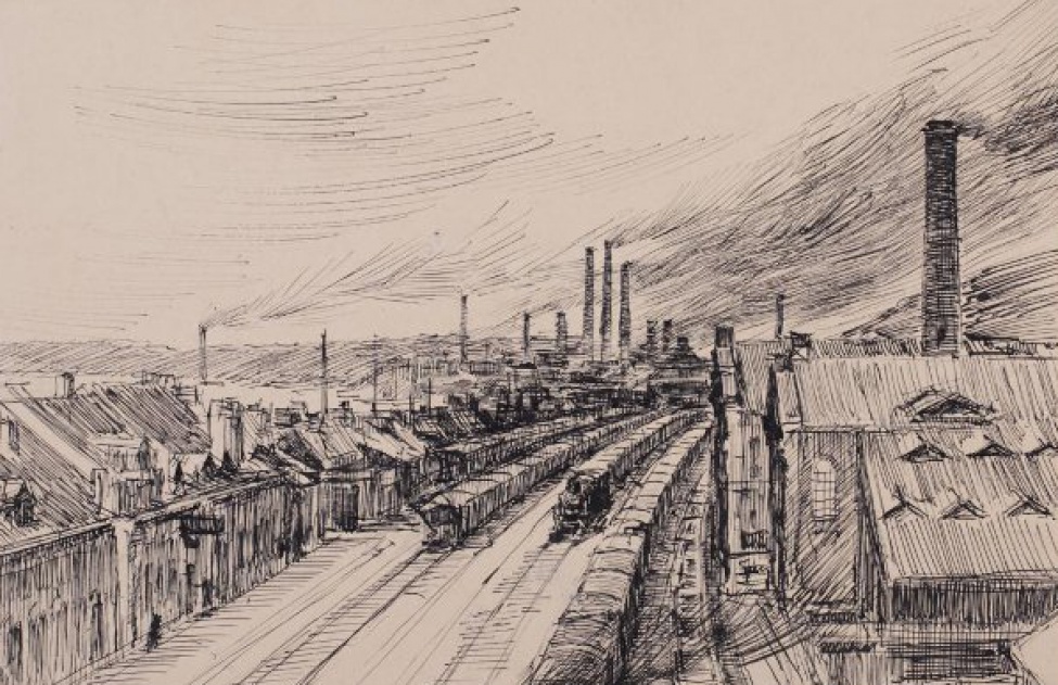 На первом плане изображены железнодорожные пути станции с несколькими составами вагонов. На дальнем плане - завод с высокими дымящими трубами.