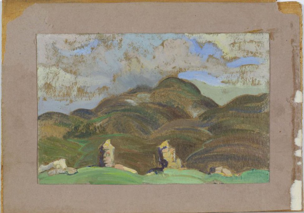 Изображен холмистый пейзаж с двумя башенками из камней (напоминающими скульптурные портреты) на переднем плане.