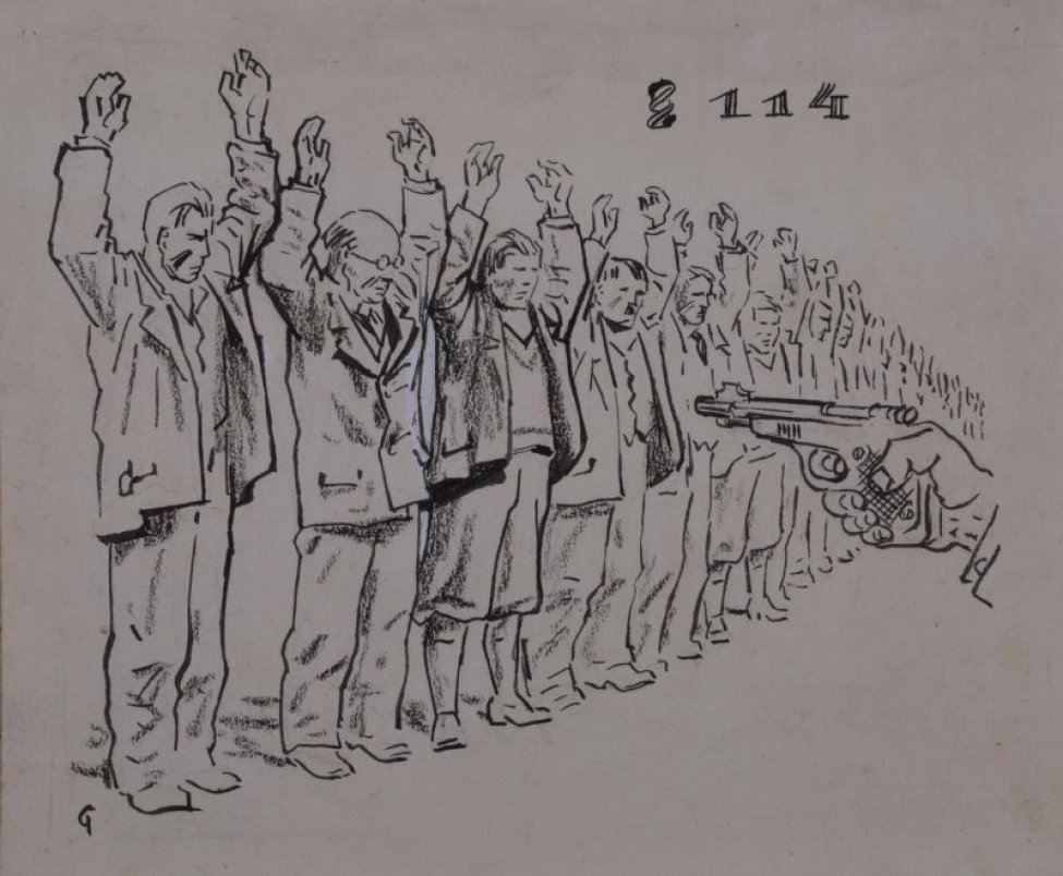 Изображены рабочие - мужчины и женщины, выстроившиеся в шеренгу с поднятыми вверх руками. Справа большая рука с браунингом, направленным на рабочих. Вверху надпись: "Параграф 114".