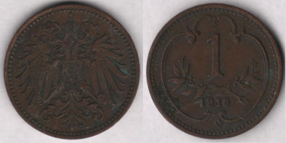 Аверс: В центре -- малый герб Австрийской империи: двуглавый коронованный орел держащий в правой лапе меч и скипетр, в левой державу с крестом, на груди щиток в виде барочного с заострением внизу гера- льдического щита, щиток рассечён на 3 части (вертикальные полосы) с гербами: в правой части герб Габсбургов-- на фоне из точек (золото в геральдике) геральдический лев на задних лапах вправо, в цент- ре герб Австрии -- на фоне из прямых параллельных вертикальных линий (красный цвет в геральдике) широкая, гладкая (серебро в геральдике) вертикальная полоса (пояс), в левой части герб Лотарингского дома -- на фоне из точек (золото в геральдике) диагональная (влево) перевязь с штриховкой в виде пря- мых параллельных вертикальных линий (красный цвет в геральдике) с 3 орлами; вокруг щитка цепь ор- дена Золотого руна из ажурных продолговатых звеньев, знак ордена в виде овечьей  шкуры (руна) рас- положен под щитком на хвосте орла; над головами орла корона Габсбургов, состоящая из украшенного мелкими точками обруча с 5 видимыми зубцами (3 в виде листьев (трилистников), 2 -- с жемчужинами), из митры, состоящей из двух полушарий и одной дужки между ними, увенчанной державой с крестом, внизу к короне прикреплены 2 извилистые узкие ленты (частично скрыты головами орла); крылья состо- ят из больших продолговатых перьев; хвост -- сильно стилизованные перья расположены в 4 ряда. Во- круг композиции аверса рамка из мелких точек (примыкает к буртику). По краю монеты линейный буртик.
Реверс: В центре -- цифра 1 (обозначение номинала). Под цифрой лавровая ветвь с двумя отростками, обрамля- ющих нижнюю часть цифры. Под лавровой ветвью дата: 1910. Вокруг всей композиции круглая рамка (с выступом вверху) из элементов растительного барочного орнамента. Вокруг композиции реверса рамка из мелких точек (примыкает к буртику). По краю монеты линейный буртик.
Гурт: гладкий