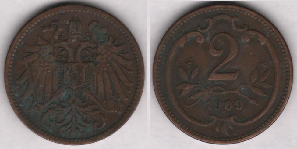 Аверс: В центре -- малый герб Австрийской империи: двуглавый коронованный орел держащий в правой лапе меч и скипетр, в левой державу с крестом, на груди щиток в виде барочного с заострением внизу гера- льдического щита, щиток рассечён на 3 части (вертикальные полосы) с гербами: в правой части герб Габсбургов-- на фоне из точек (золото в геральдике) геральдический лев на задних лапах вправо, в цент- ре герб Австрии -- на фоне из прямых параллельных вертикальных линий (красный цвет в геральдике) широкая, гладкая (серебро в геральдике) вертикальная полоса (пояс), в левой части герб Лотарингского дома -- на фоне из точек (золото в геральдике) диагональная (влево) перевязь с штриховкой в виде пря- мых параллельных вертикальных линий (красный цвет в геральдике) с 3 орлами; вокруг щитка цепь ор- дена Золотого руна из ажурных продолговатых звеньев, знак ордена в виде овечьей  шкуры (руна) рас- положен под щитком на хвосте орла; над головами орла корона Габсбургов, состоящая из украшенного мелкими точками обруча с 5 видимыми зубцами (3 в виде листьев (трилистников), 2 -- с жемчужинами), из митры, состоящей из двух полушарий и одной дужки между ними, увенчанной державой с крестом, внизу к короне прикреплены 2 извилистые узкие ленты (частично скрыты головами орла); крылья состо- ят из больших продолговатых перьев; хвост -- сильно стилизованные перья расположены в 4 ряда. Во- круг композиции аверса рамка из мелких точек (примыкает к буртику). По краю монеты линейный буртик.
Реверс: В центре -- цифра 2 (обозначение номинала). Под цифрой лавровая ветвь с двумя отростками, обрамля- ющих нижнюю часть цифры. Под лавровой ветвью дата: 1909. Вокруг всей композиции круглая рамка (с выступом вверху) из элементов растительного барочного орнамента. Вокруг композиции реверса рамка из мелких точек (примыкает к буртику). По краю монеты линейный буртик.
Гурт: гладкий