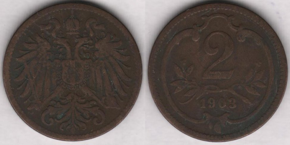 Аверс: В центре -- малый герб Австрийской империи: двуглавый коронованный орел держащий в правой лапе меч и скипетр, в левой державу с крестом (сильно потёрта), на груди щиток в виде барочного с заост- рением внизу геральдического щита, щиток рассечён на 3 части (вертикальные полосы) с гербами (сильно потёрты): в правой части герб Габсбургов -- на фоне из точек (золото в геральдике) геральди- ческий лев на задних лапах вправо, в центре герб Австрии -- на фоне из прямых параллельных верти- кальных линий (красный цвет в геральдике) широкая, гладкая (серебро в геральдике) вертикальная полоса (пояс), в левой части герб Лотарингского дома -- на фоне из точек (золото в геральдике) диаго- нальная (влево) перевязь с штриховкой в виде прямых параллельных вертикальных линий (красный цвет в геральдике) с 3 орлами; вокруг щитка цепь ордена Золотого руна из ажурных продолговатых звеньев, знак ордена в виде овечьей  шкуры (руна) расположен под щитком на хвосте орла; над голо- вами орла корона Габсбургов (сильно потёрта), состоящая из украшенного мелкими точками обруча с зубцами (различим только один зубец  в виде трилистника), из митры, состоящей из двух полушарий и одной дужки между ними, увенчанной державой с крестом, внизу к короне прикреплены 2 извилистые узкие ленты (частично скрыты головами орла); крылья состоят из больших продолговатых перьев; хвост -- сильно стилизованные перья расположены в 4 ряда. Вокруг композиции аверса рамка из мел- ких точек (примыкает к буртику). По краю монеты линейный буртик.
Реверс: В центре -- цифра 1 (обозначение номинала). Под цифрой лавровая ветвь с двумя отростками, обрамля- ющих нижнюю часть цифры. Под лавровой ветвью дата: 1903. Вокруг всей композиции круглая рамка (с выступом вверху) из элементов растительного барочного орнамента. Вокруг композиции реверса рамка из мелких точек (примыкает к буртику). По краю монеты линейный буртик.
Гурт: гладкий