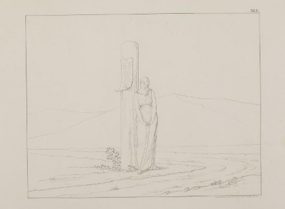 В центре композиции изображена молодая женщина, стоящая прислонясь плечом к придорожному столбу, на котором прибит развернутый свисток с текстом. На дальнем плане- горы. Над изображением справа: ХLY. Под изображением справа: Сочинялъ, Рисовалъ и Гравировалъ Графъ Феодор Толстой. 1840 года.