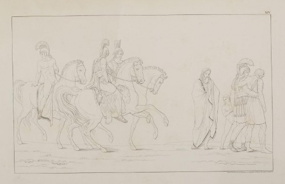 В центре композиции изображены два конных всадника в одеждах античных воинов в шлемах с плюмажем. Слева - обнаженный  юноша в шлеме с плюмажем верхом на коне. Справа - старик, задрапированный в длинный плащ, воин и юноша в коротких туниках, идущие обнявшись и с ними обнаженный мальчик. Под изображением справа: Сочинялъ, Рисовалъ и Гравировалъ Граф Феодоръ Толстой 1830 года. Над изображением- цифра Х1Y.