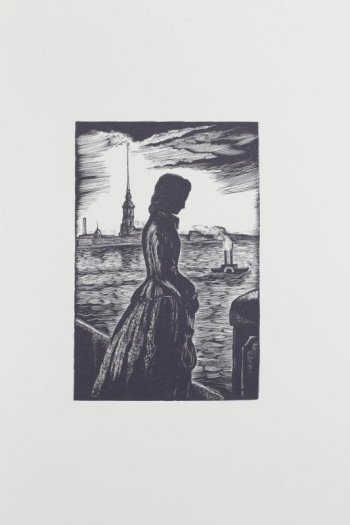 На фоне реки - силуэтное поколенное изображение молодой женщины в профиль. На заднем плане - здание собора Петропавловской крепости.