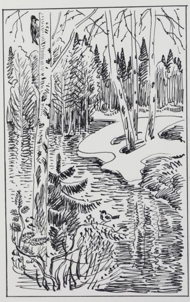 Изображен весенний лесной пейзаж с  рекой. Слева - кустарник, елка, сидящий на стволе дятел. В центре композиции - деревья.