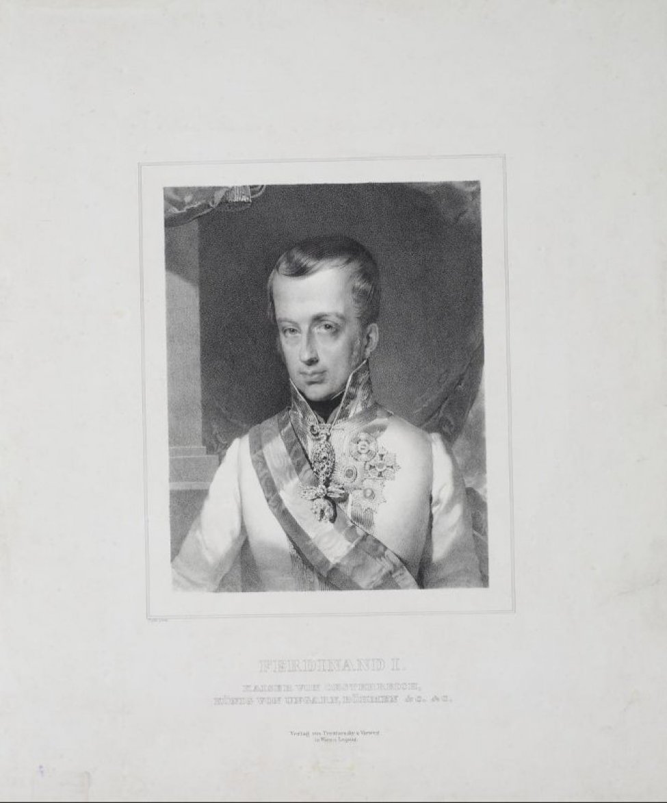 Погрудный портрет Фердинанда I в белом мундире, с лентой через правое плечо; на груди слева четыре ордена, на шее драгоценный подвесок. Фоном служит темная драпировка.