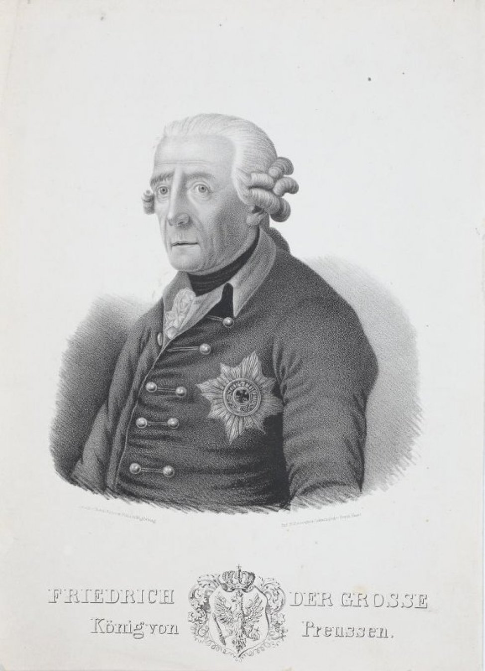 Поясной портрет Фридриха Великого; изображен повернутым на 3/4 влево, в белом парике; одет в темный мундир с звездой и двумя рядами пуговиц..