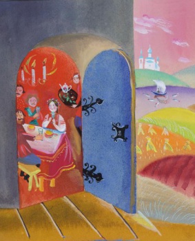 В левой части композиции изображены сидящие за столом девушка и трое мужчин. В правой - холмистый пейзаж с рекой, парусной лодкой и церковью на холме.