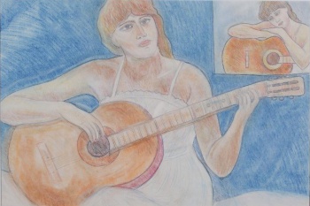 На синем фоне победренное изображение сидящей рыжеволосой девушки в светлом сарафане, играющей на гитаре. Справа вверху  - фотография девушки, положившей руки и голову на гитару.