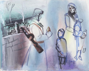 В центре композиции изображен солдат с куском хлеба в руках. Справа - женщина с двумя детьми. Слева - два дерева без листвы за каменно-чугунной оградой.