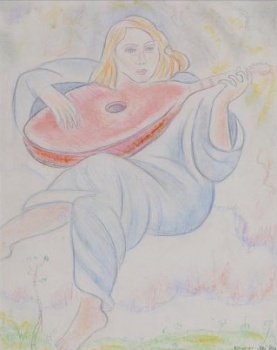 В центре композиции изображена сидящая на облаках рыжеволосая молодая женщина в голубом хитоне, в руках музыкальный инструмент. На первом плане - зеленая поляна с цветами, слева - березка.