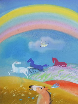 Изображен летний пейзаж с радугой. На первом плане голова рыжей лошади и синяя птица. На втором плане - белая, синяя и красная лошади, скачущие в лугах; над ними - белая птица.