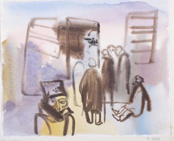 На первом плане слева погрудное изображение мужчины в папахе и пальто с поднятым воротником. На втором плане справа силуэты фигур пяти человек, один из которых сидит на земле.
