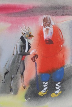 На цветном фоне изображены старик-крестьянин в красной рубашке, синих штанах, в лаптях и с палкой в руке и черт во фраке.