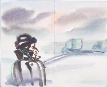 Поясное изображение в профиль мужчины в зимней одежде на фоне пейзажа с двумя грузовиками.