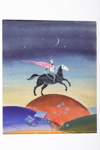 В верхней части композиции изображен всадник на черном коне в развевающемся плаще, с саблей, на фоне ночного неба. Внизу -  дерево и две избы.