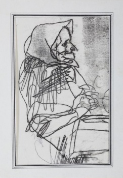 Поколенное изображение в профиль, в левом повороте, старухи, сидящей со сложенными на груди руками.