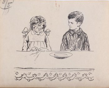 В центре композиции, за столом, покрытым скатертью, поясное изображение сидящих мальчика с ложкой в руке и девочки с опущенной вниз головой.