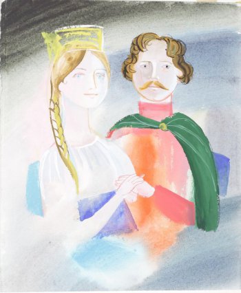 Поясное изображение держащихся за руки девушки в короне, белой кофте и синем сарафане и юноши в красной рубашке и зеленом плаще.